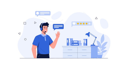 Obraz premium Customer Support Operator with Headset Waving, Chat Bubbles, Star Rating, and Desk Setup - Vector Illustration