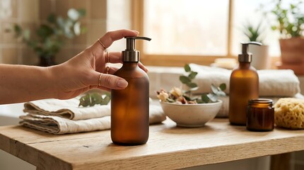 Hand presses down on a pump bottle placed on a wooden vanity table inside a serene and bright spa bathroom.