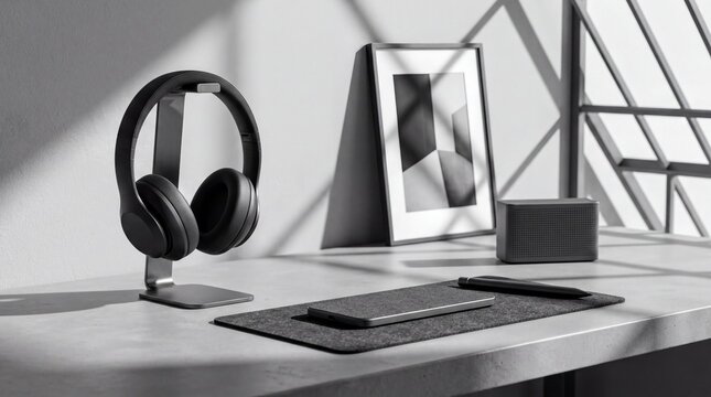 modern office aesthetics, a sleek, minimal workspace featuring geometric shadows and chic tech accessories