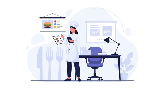 Chef in Office Planning Menu and Analyzing Data with Digital Tablet and Presentation Screens