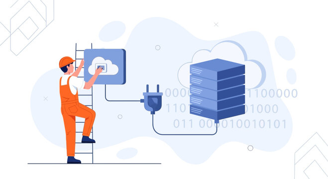 Cloud Computing Installation: Technician Connects Server to Cloud Storage