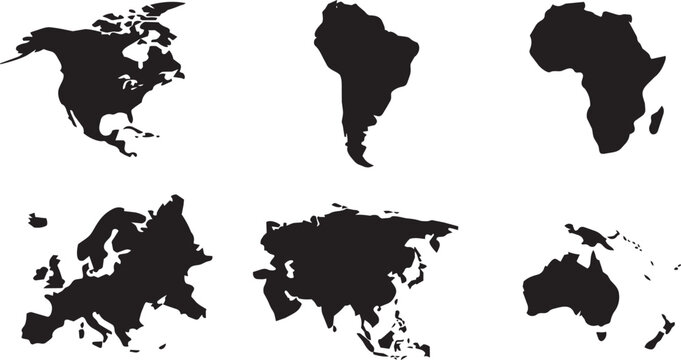 World Continents Map Icon Set: North America, South America, Africa, Europe, Asia, Australia