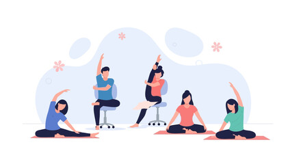 Obraz premium Diverse group practicing yoga and stretching for office wellness, promoting flexibility and stress relief in a modern flat design.