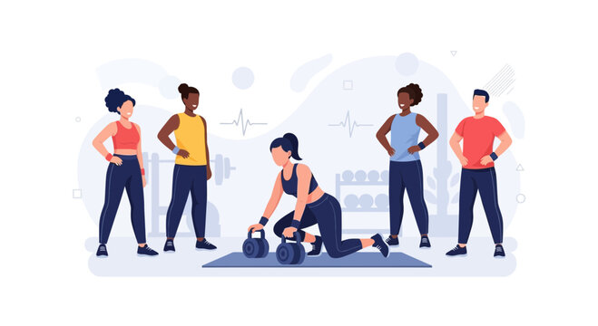 Diverse group of people exercising together in a gym, one woman performing kettlebell workout.