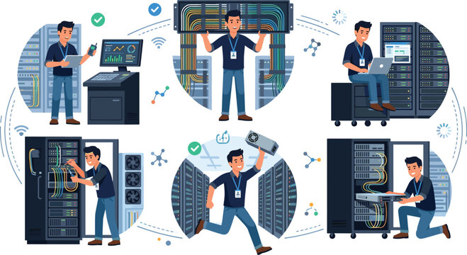 Data Center IT Support and Network Administrator Character Set Working with Server Racks Cable Management and Hardware Maintenance Vectors