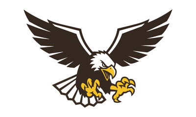 Fototapeta premium Aggressive bald eagle mascot in a dynamic diving pose with spread wings and sharp talons on a white background, sports team identity concept