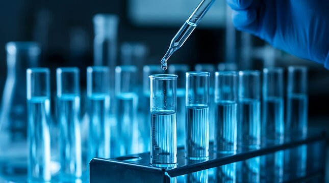 Blue Gloved Hand Pipetting Liquid Into Test Tube in Laboratory