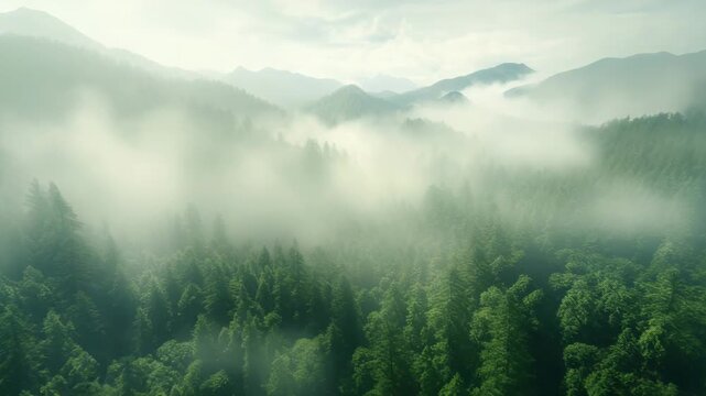 Misty Mountain Forest Landscape with Morning Fog and Lush Green Canopy