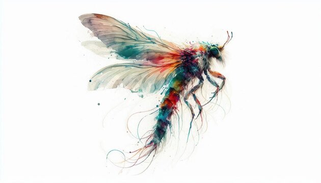 Dramatic watercolor dobsonfly illustration with intricate wings and detailed mandible