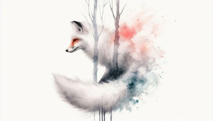 Fototapeta premium Watercolor fox spirit emerging through trees, artistic animal portrait with ethereal dissolving effect