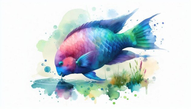 Watercolor Parrotfish Illustration Sipping an Invisible Water Surface Artwork