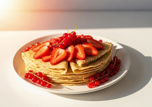 Freshly prepared thin crepes folded on a ceramic plate topped with sliced strawberries and tart red currants in soft morning sunlight, spring, food, culinary