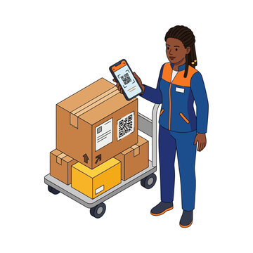Isometric Delivery Worker Scanning QR Code on Packages