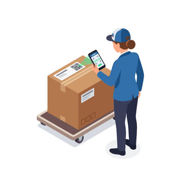 Isometric Female Courier Scanning QR Code on Package Box for Tracking