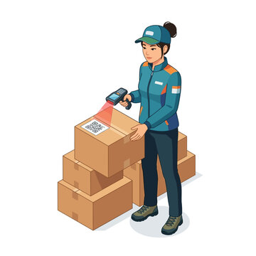 Logistics Worker Scanning QR Code on Warehouse Packages Illustration