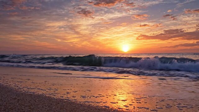 Golden sunset ocean waves crashing on tropical beach shoreline at dusk golden hour