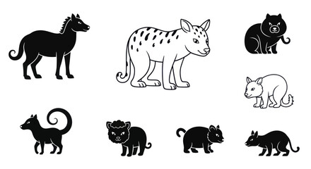 Various animals are illustrated in black and white together outdoors. © Mewtwo