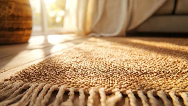 Rustic Home Decor with a Beautiful Woven Carpet and Golden Sunlight