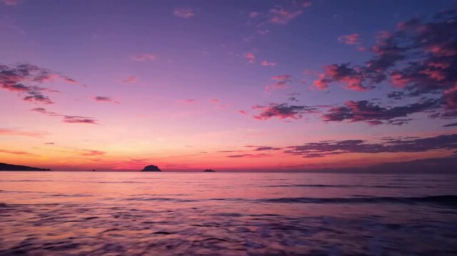 Tropical sunset over calm ocean waves with vibrant purple and orange sky sunrise