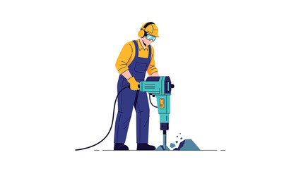 Fototapeta premium Construction worker using jackhammer vector illustration with safety gear