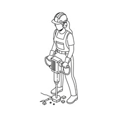 Obraz premium Isometric Female Construction Worker Using Jackhammer Line Art Vector