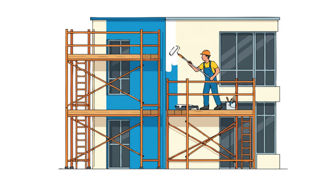 Professional painter on scaffolding painting house exterior flat vector illustration