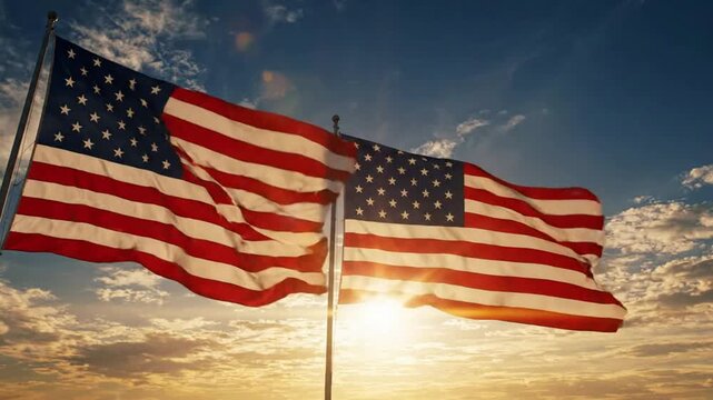 Two american flags waving proudly against a golden sunset sky, patriotic usa background, for national holidays, and memorial events