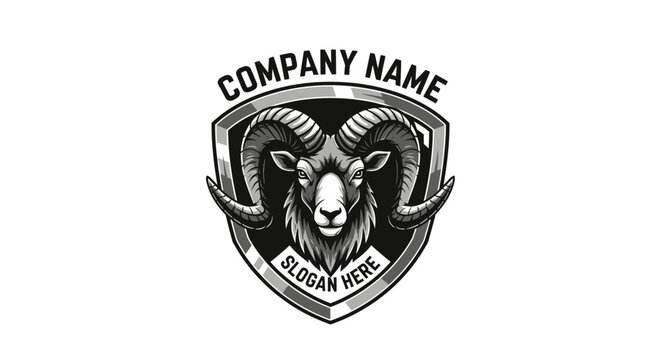 Elegant ram head shield logo with company name and curved horns