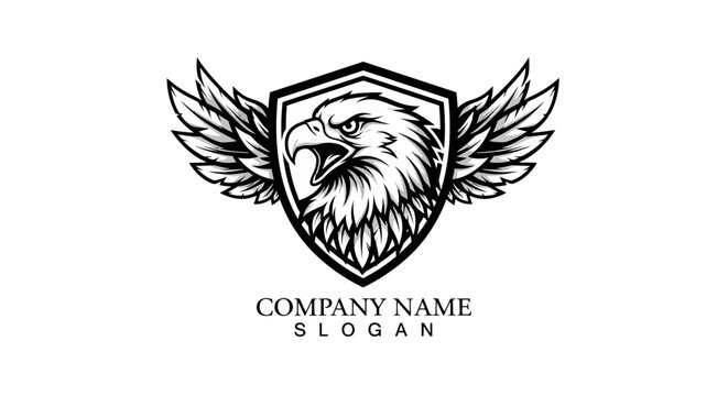 A detailed illustration of an eagle's head on a shield with wings, showcasing strength and freedom.