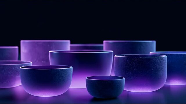 Glowing purple crystal singing bowls on dark background