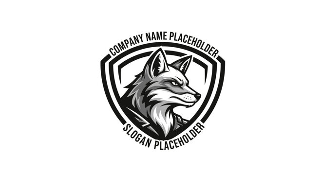 A wolf head illustration inside a shield with company name and slogan placeholder