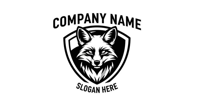 A black and white illustration of a fox head in a shield with company name and slogan