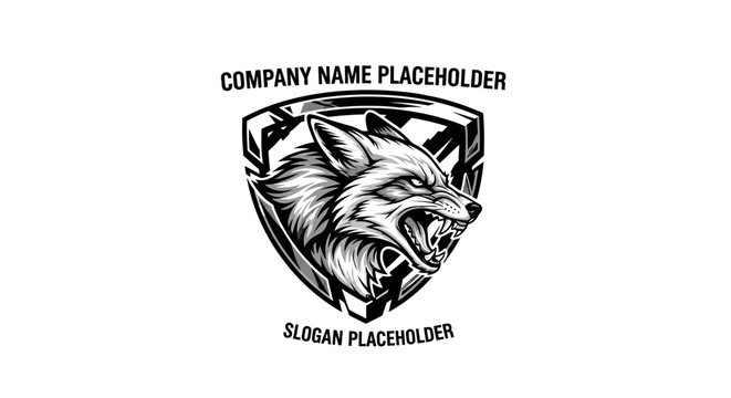 A wolf's head with an aggressive expression emerges from a shield emblem.