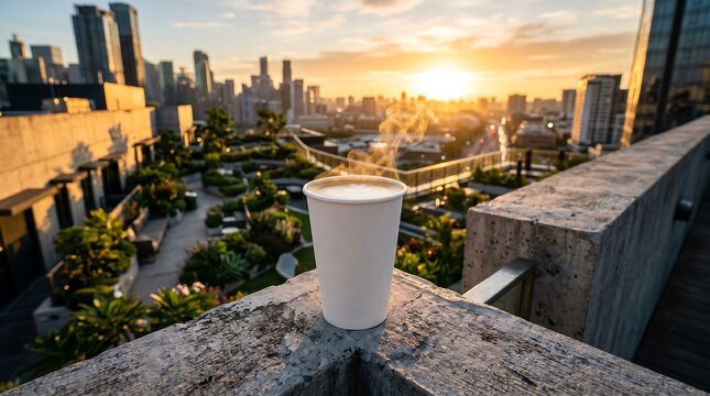 White takeaway latte cup on concrete ledge overlooking rooftop garden, city skyline background, lifestyle photography for luxury beverage branding and editorial advertising