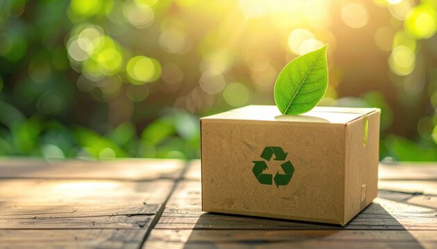 cardboard box with recycling symbol and green leaf, sustainable packaging, eco friendly shipping, zero waste delivery, environmental protection, nature background