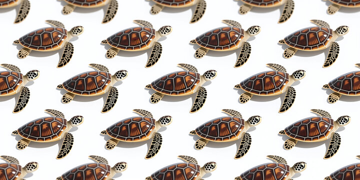 A repeating pattern of digitally illustrated marine brown turtles swimming with fins, having a realistic style, on a white background.