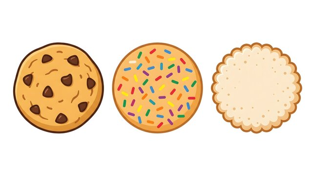 Three Cookies Row Variety &mdash; Chocolate Chip Sprinkle Sugar National Cookie Day Vector