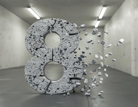 Large concrete number eight sculpture exploding.