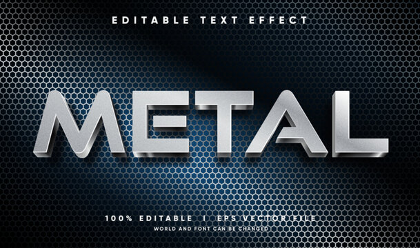Metal 3D text effect vector template with silver metallic texture on grid background