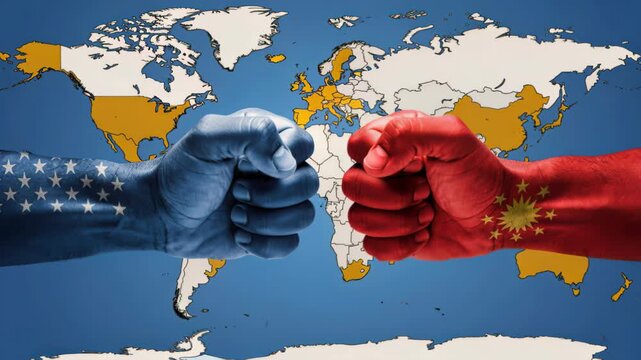Global Confrontation: Two fists, one bearing the stars and stripes of the United States and the other the red flag of China, are clenched in opposition against the backdrop of a world map.