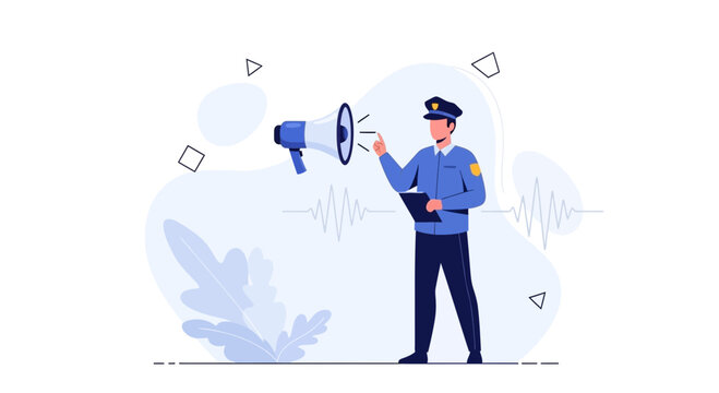 Police Officer with Megaphone Announcing Public Safety Information, Vector Illustration with Abstract Elements