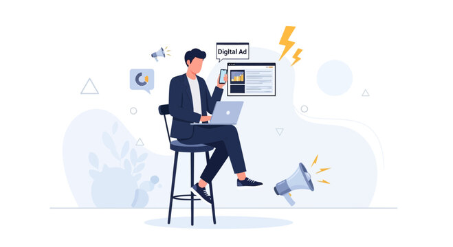 Man uses laptop and smartphone for digital advertising, online marketing and analytics with visual elements