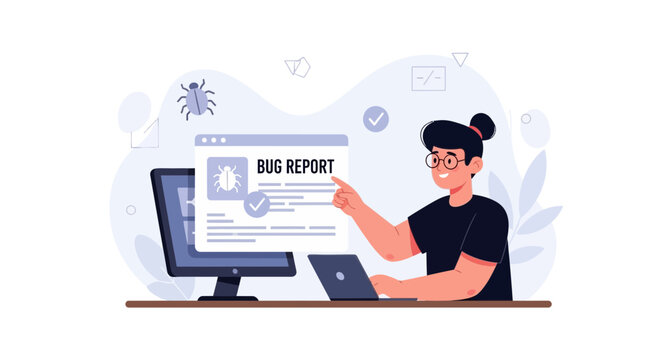 Software Developer Submitting Bug Report on Computer, Vector Illustration