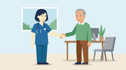 Fototapeta premium Doctor shaking hands with elderly patient in medical office