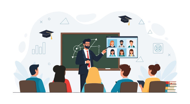 Online education, distance learning class with teacher and students in virtual meeting via video conference screen.