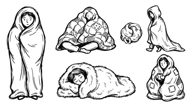 Collection of people wrapped in blankets in various poses and situations
