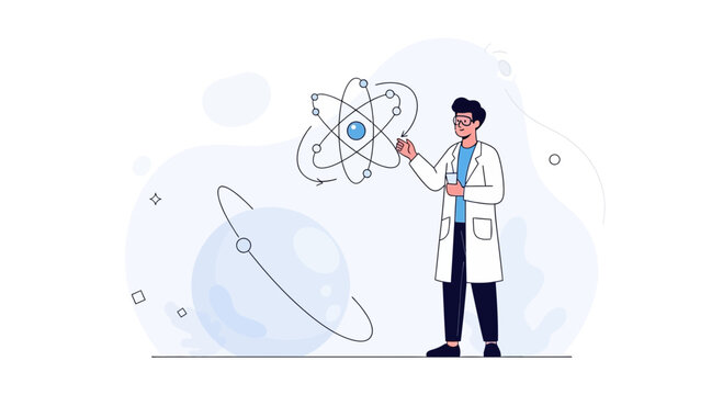Scientist demonstrates atomic structure model and planetary orbit with simple flat illustration style, ideal for science and education concepts.