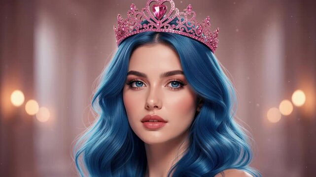 Regal Radiance: A captivating young woman adorned with a shimmering pink tiara and vibrant blue hair gazes with serene beauty, exuding an aura of royalty and elegance against a soft.