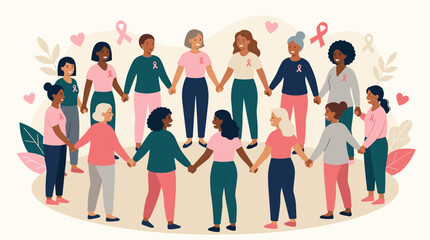 Obraz premium Diverse group of women holding hands in a circle supporting breast cancer awareness