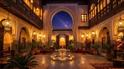 Obraz premium Breathtaking night view of a luxurious riad courtyard under a starry milky way galaxy sky with courtyard architecture fountain lighting moroccan interior astronomy celestial romantic tranquil